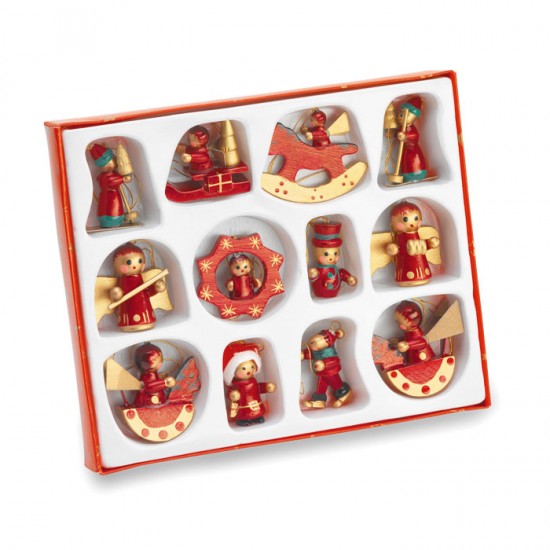 Set of 12 wooden Christmas tree decorations