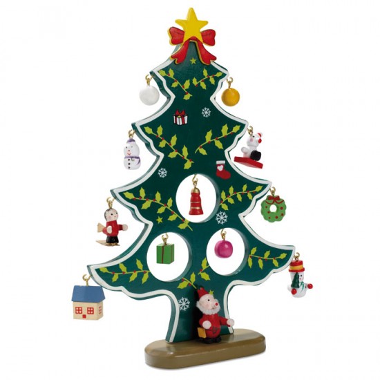 Wooden Christmas tree with 12 assorted tree hanger decorations to be assembled