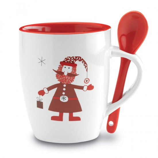 Ceramic mug with integrated spoon with Santa Claus decoration