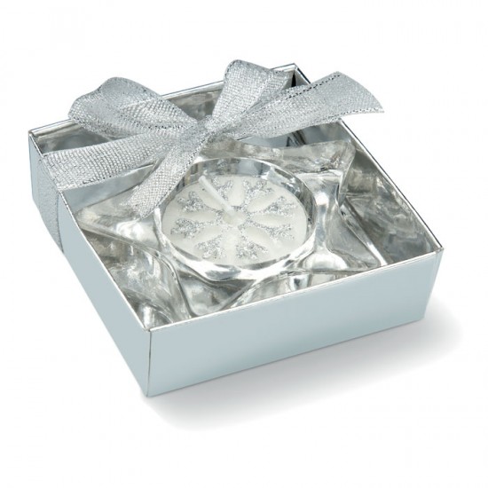 Star shaped glass tea light candle holder in silver box