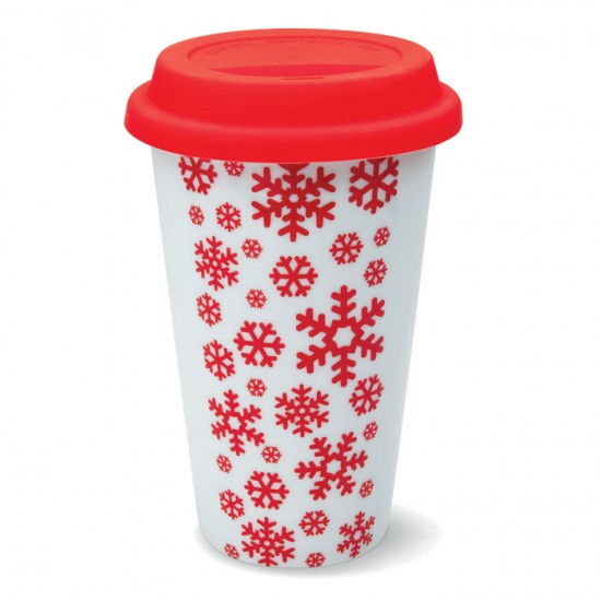 Double wall ceramic travel cup with red snowflake design