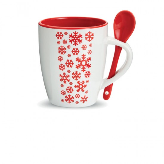 Ceramic mug with integrated spoon with snowflake decoration