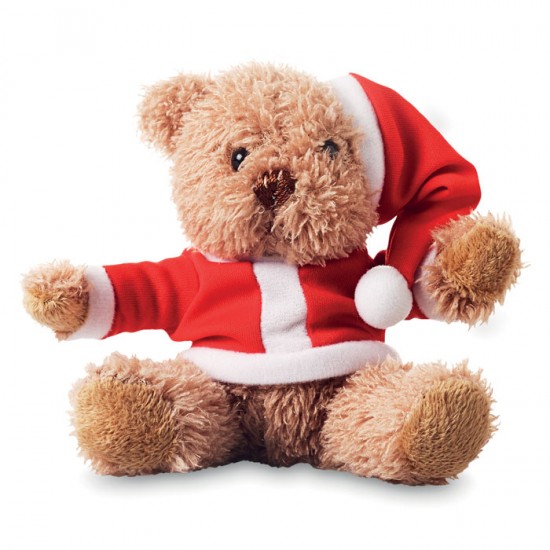 Teddy bear plush wearing a Santa shirt and hat