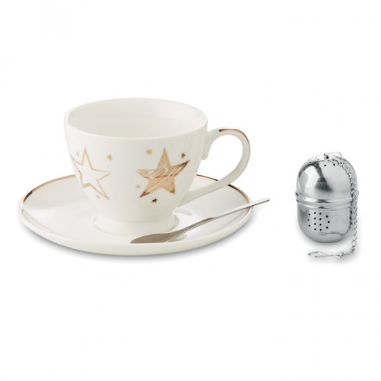 Teacup set: Ceramic mug with star decal, spoon and tea holder