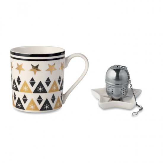 Ceramic mug set including mug, tea filter and mini plate