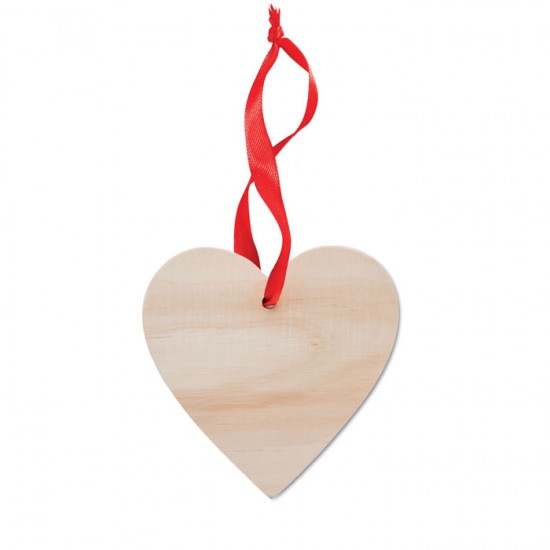 Wooden heart shaped decoration hanger with red ribbon