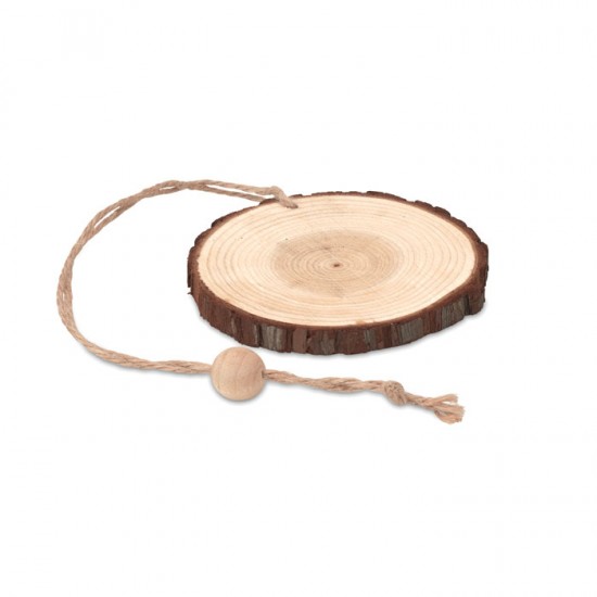 Round wooden decoration hanger with bark edging and cord